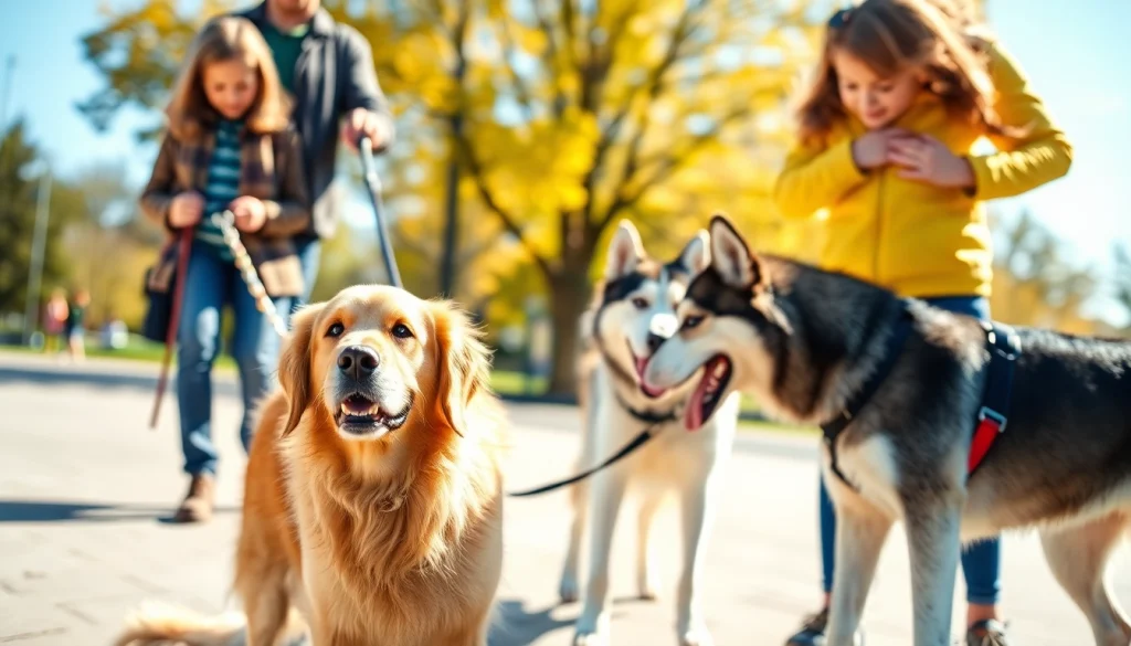 Service dogs assisting individuals with various disabilities in an outdoor setting.