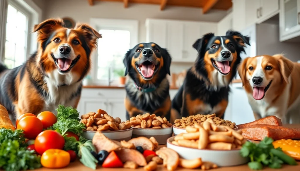 Dogs savoring badlands ranch dog food canada in a sunny kitchen, showcasing fresh ingredients.