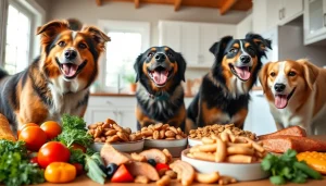Dogs savoring badlands ranch dog food canada in a sunny kitchen, showcasing fresh ingredients.