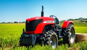 Massey Ferguson tractor working in a green field, showcasing its industrial strength and design.
