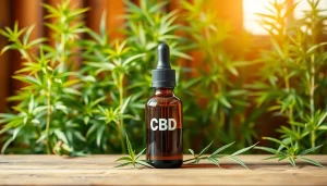 Showcase of CBD Oil Canada in a natural setting with hemp plants and a stylish glass bottle.