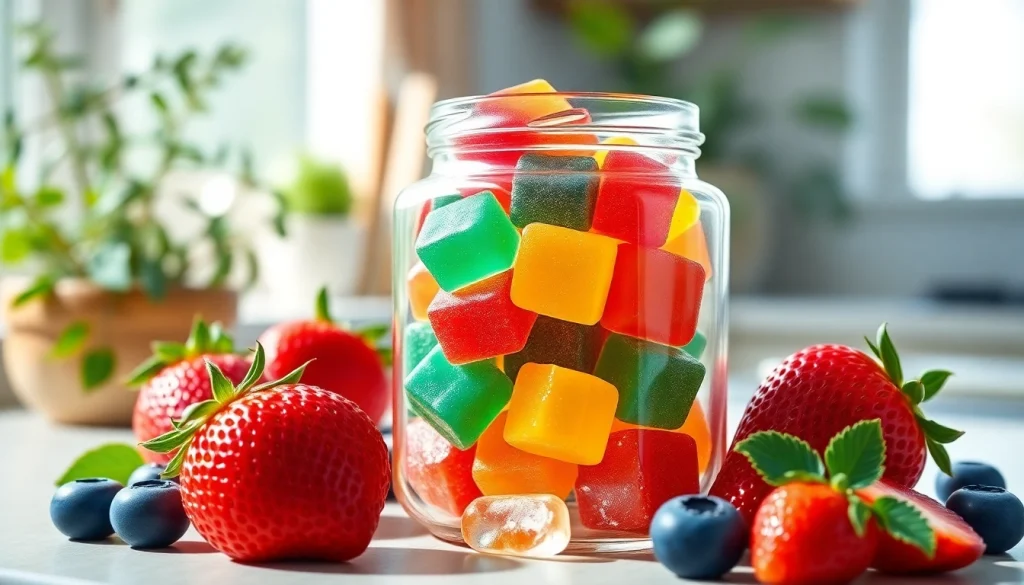 Showcase collagen pectin gummies in a colorful jar with fresh fruits in a bright kitchen setting.