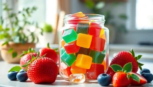 Showcase collagen pectin gummies in a colorful jar with fresh fruits in a bright kitchen setting.