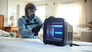 Technician conducting bed bug heat treatment in a safe, professional home environment.