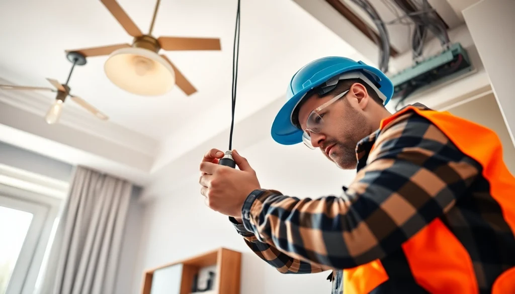 Enhance Electrical Service installation in a bright home setting showing electrician at work.