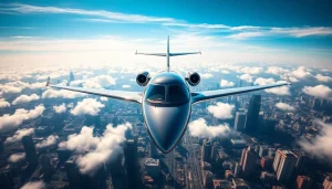 Book Luxury Private Jets Across USA with elegant jet flying over a vibrant city skyline.