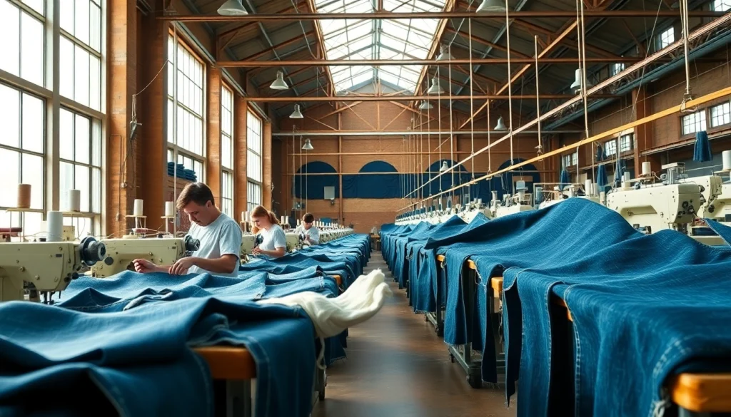 Workers in a textile factory focused on quality control of jeans manufacturers production process.