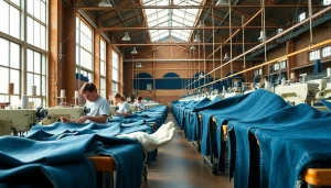 Workers in a textile factory focused on quality control of jeans manufacturers production process.