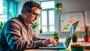 Find a wordpress developer near me working in a modern office with creative elements.