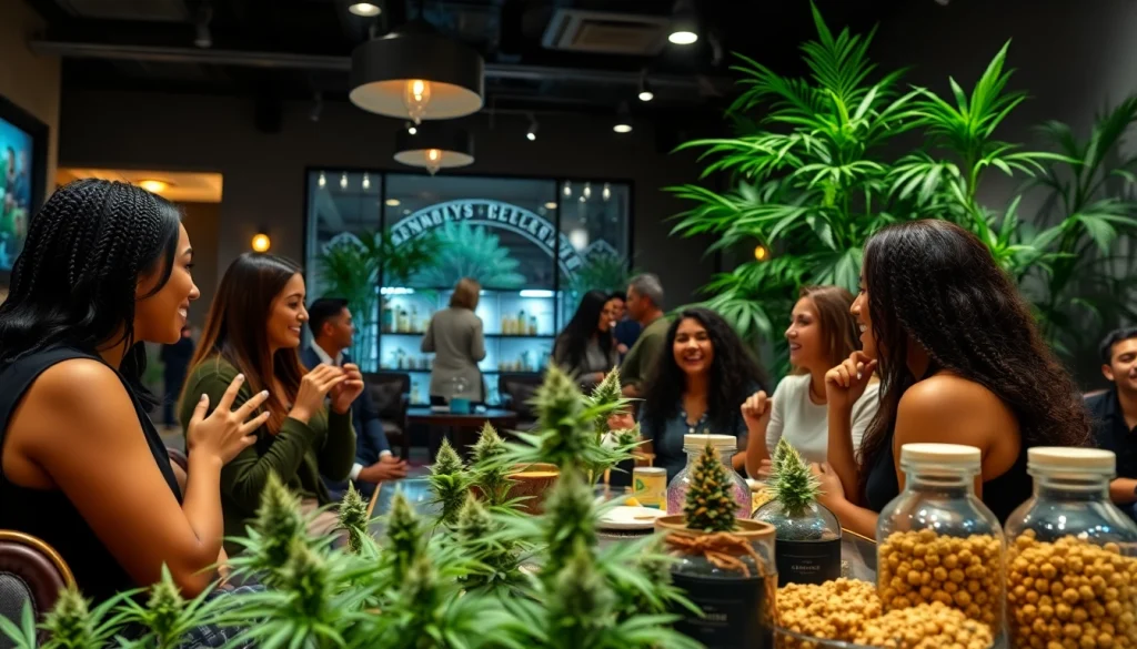 Experience community at https://cannabisbcn.com with friends in a modern cannabis club lounge.