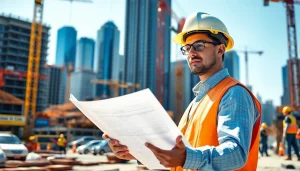 New York Construction Manager analyzing blueprints on a construction site with skyscrapers in the background.