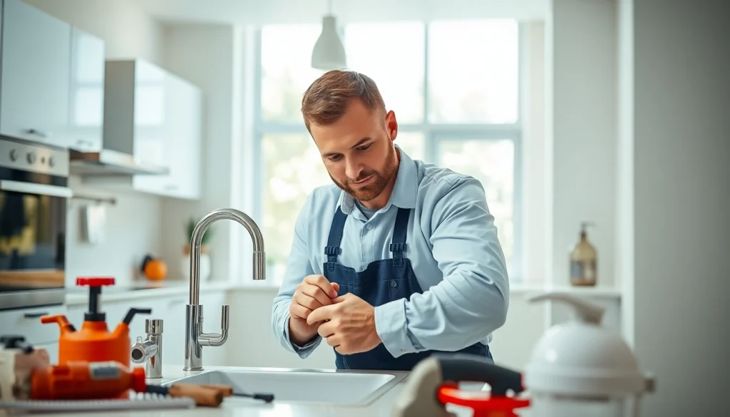 Plumber near me expertly installing a sink in a bright kitchen, showcasing precision and professionalism.