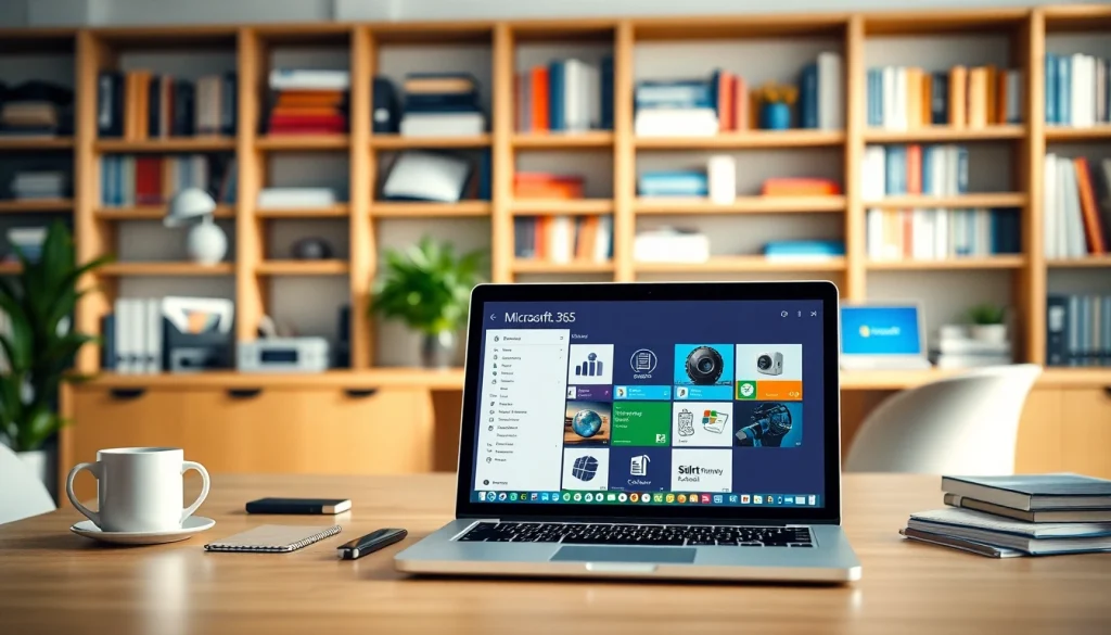 Microsoft Produkte in einem modernen Büro mit Laptop und Anwendungen im Hintergrund.