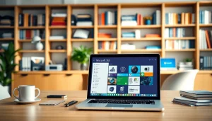 Microsoft Produkte in einem modernen Büro mit Laptop und Anwendungen im Hintergrund.