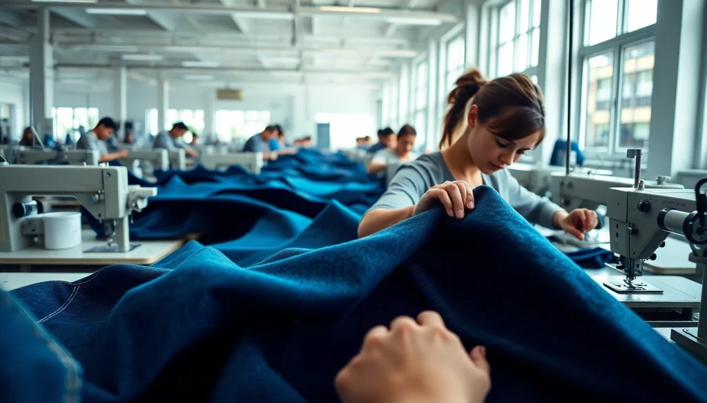 Showcasing jeans manufacturers at work with skilled artisans in a vibrant factory setting.