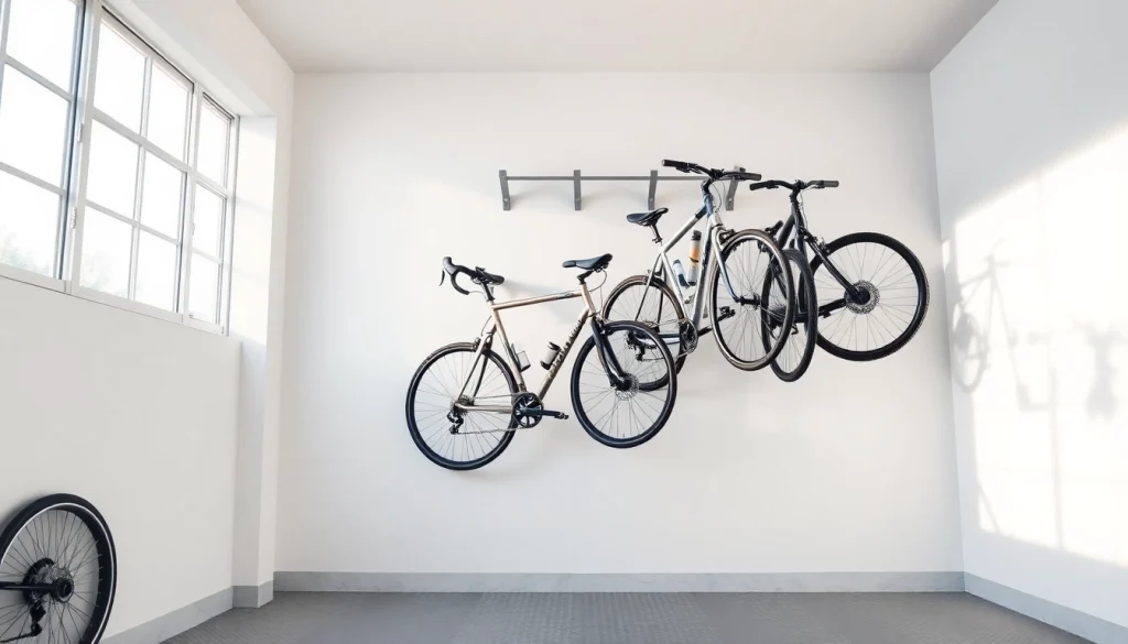 Display of a Bike wall rack holding multiple bicycles in an organized garage space.
