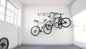 Display of a Bike wall rack holding multiple bicycles in an organized garage space.