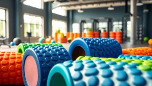 Shop durable foam rollers in a bright gym setting, showcasing vibrant colors and textures for effective workouts.
