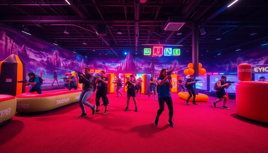 Players actively engaging in a vibrant laser tag game with neon lights and competitive spirit.