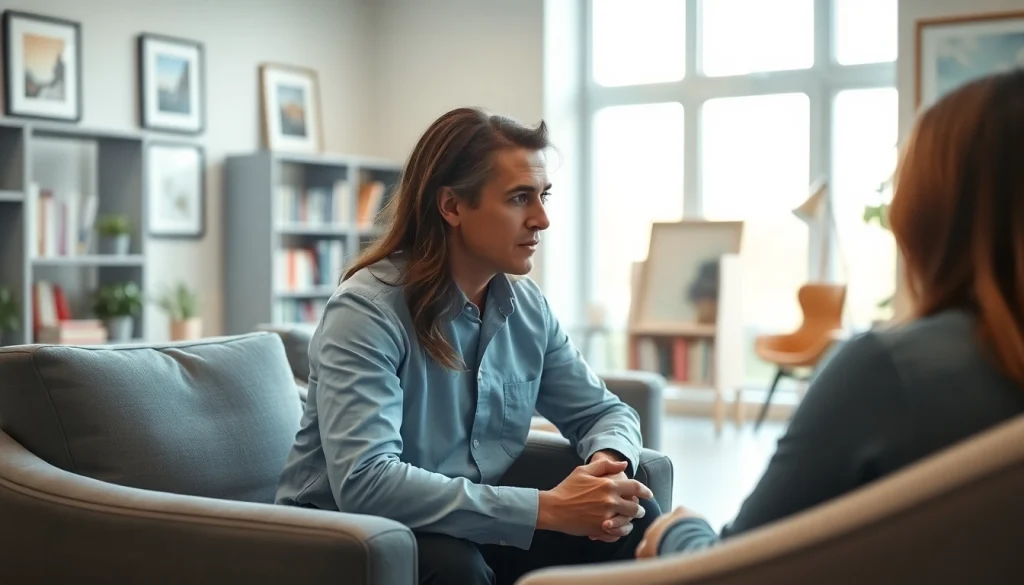 Psychologist engaging with a client in a tranquil office setting, promoting a calming atmosphere.