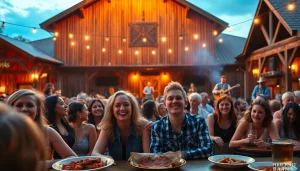 Crowd enjoying a live performance at firelight barn with lively entertainment and delicious BBQ.