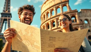 Excited traveler engaging with iconic landmarks during europe tour packages adventure