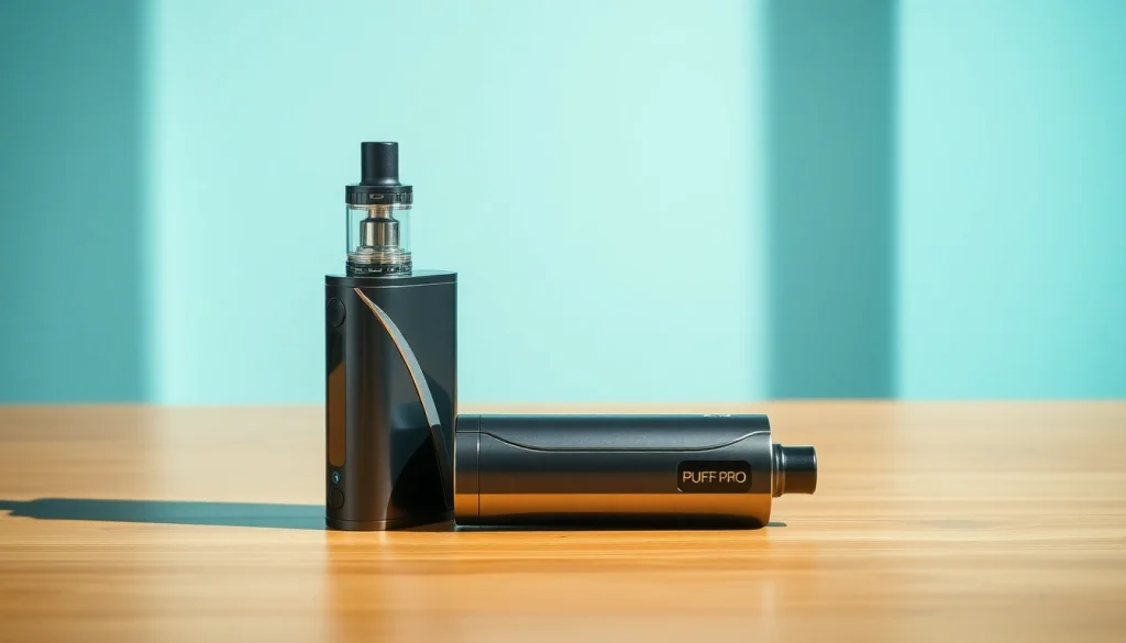 Puff pro vaporizer showcased on a wooden table with elegant design details.