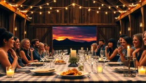 Enjoy the cozy atmosphere of a barn dinner theater 2024 schedule with guests dining joyfully.