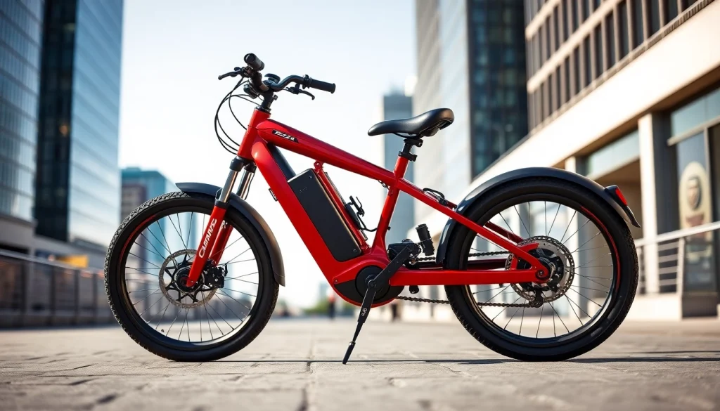 Talaria XXX Red Edition bike displayed in a vibrant urban backdrop, showcasing its sleek design.
