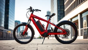 Talaria XXX Red Edition bike displayed in a vibrant urban backdrop, showcasing its sleek design.