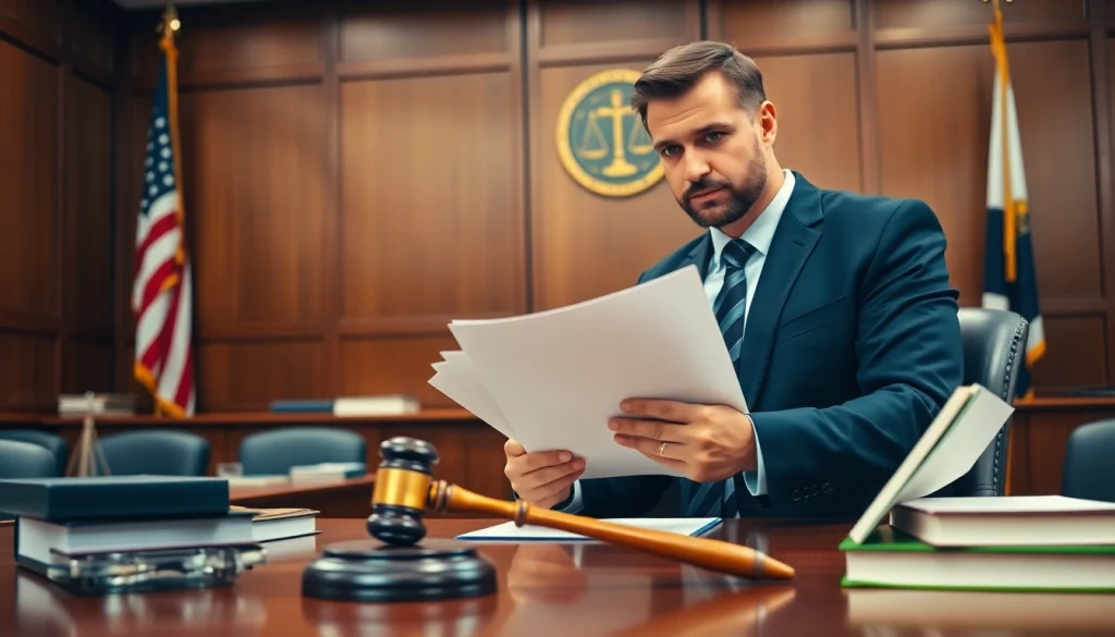 Tampa Criminal Defense Attorney consulting a client in a courtroom with law books.