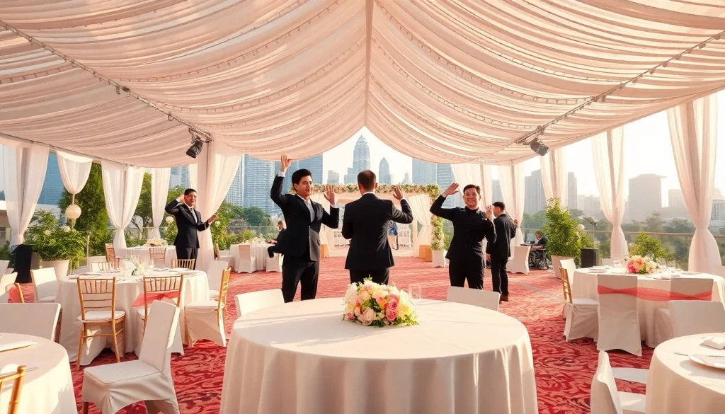 Event team preparing for a lavish outdoor gala, showcasing an Events company in Singapore.