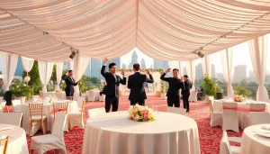 Event team preparing for a lavish outdoor gala, showcasing an Events company in Singapore.