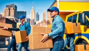 Active NYC movers diligently transporting boxes to ensure a smooth relocation process