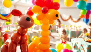 Children delight in colorful balloon animals at a festive party setting.