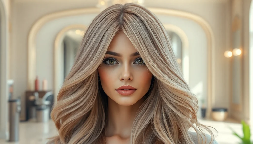 Model showcasing a stunning wig in a chic salon setting, highlighting elegant styling.