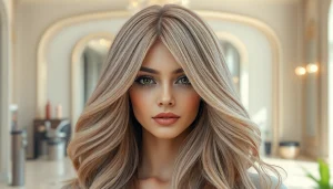 Model showcasing a stunning wig in a chic salon setting, highlighting elegant styling.