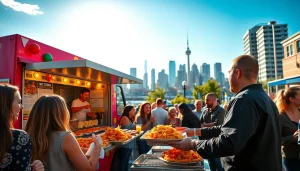 Food truck catering Hamilton Ontario featured at a lively outdoor event serving fresh dishes.