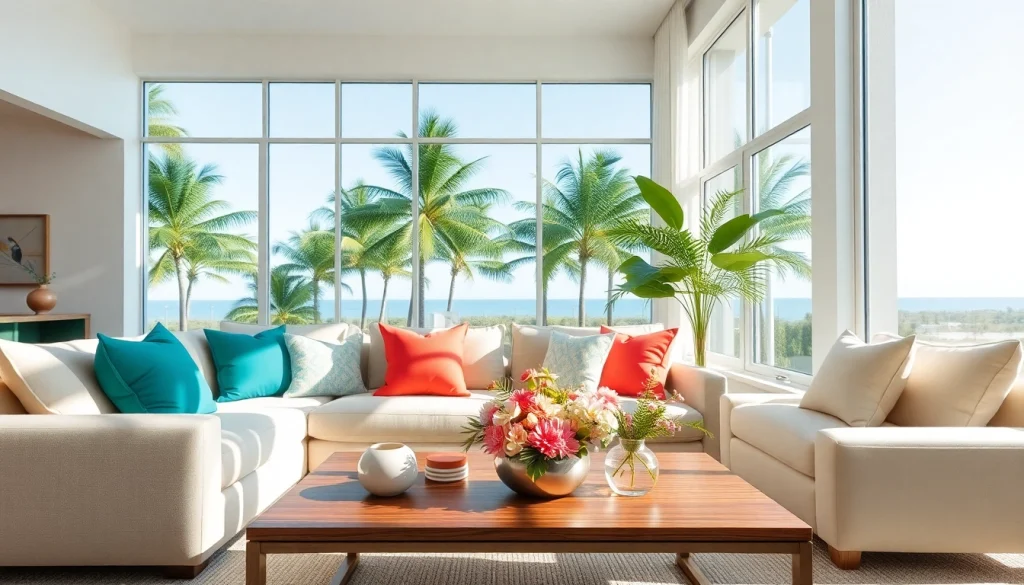 Florida home styling in a sunlit living room with tropical decor and inviting atmosphere.