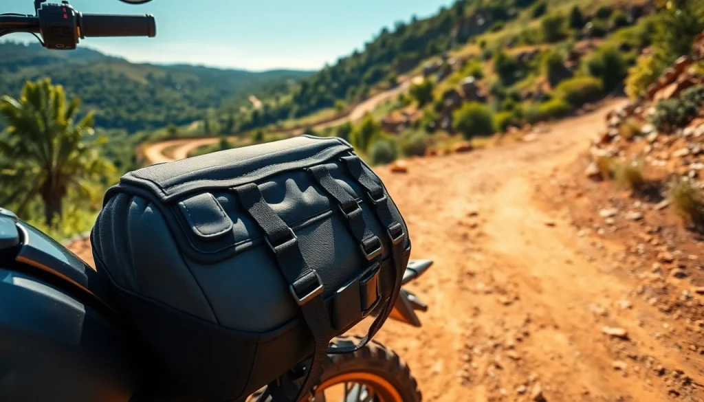 Rugged motorcycle tank bag for off-road on a dirt trail with vibrant scenery.