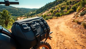 Rugged motorcycle tank bag for off-road on a dirt trail with vibrant scenery.