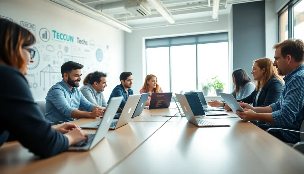 Kansas City web developers collaborating in a modern workspace, highlighting teamwork and creativity.