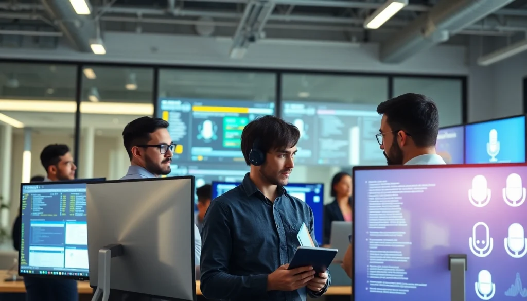 Performing voice assistant testing in a collaborative workspace with diverse professionals analyzing performance metrics.