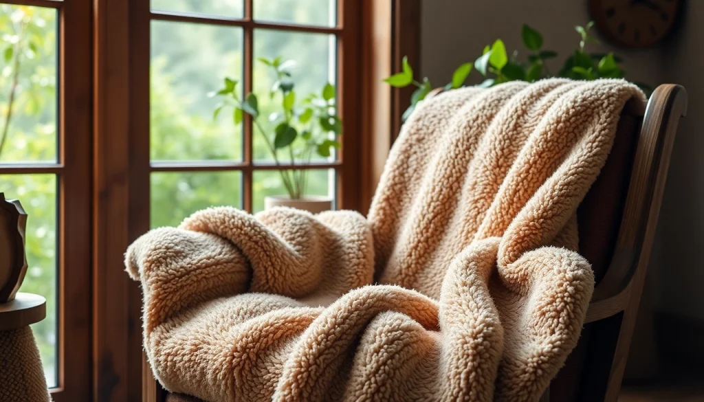 Fleece deken gedrapeerd over een stoel met warm licht en groene achtergrond.