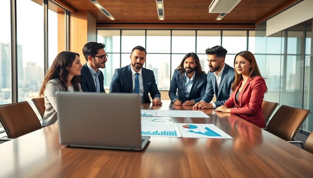 Real estate investment group brainstorming strategies in a modern office setting.