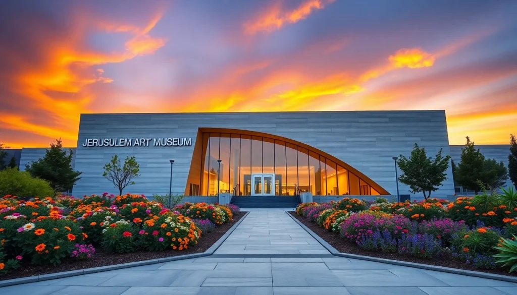 Visitors enjoying the vibrant exterior of Jerusalem Art Museum at sunset, showcasing its stunning architecture.