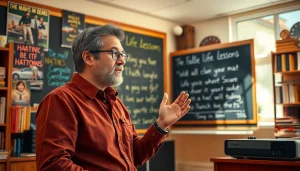 Engaging film educator sharing insights on life lessons at http://everymoviehasalesson.com in a warm classroom.