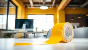 Showcasing printed vinyl tape in a dynamic office setting emphasizing its use.