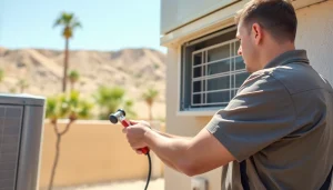 Repair HVAC Palm Desert CA by a professional technician fixing an AC unit in a sunny setting.