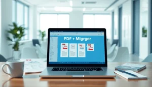 Merge PDF files easily with pdf merger online tool displayed on a laptop.